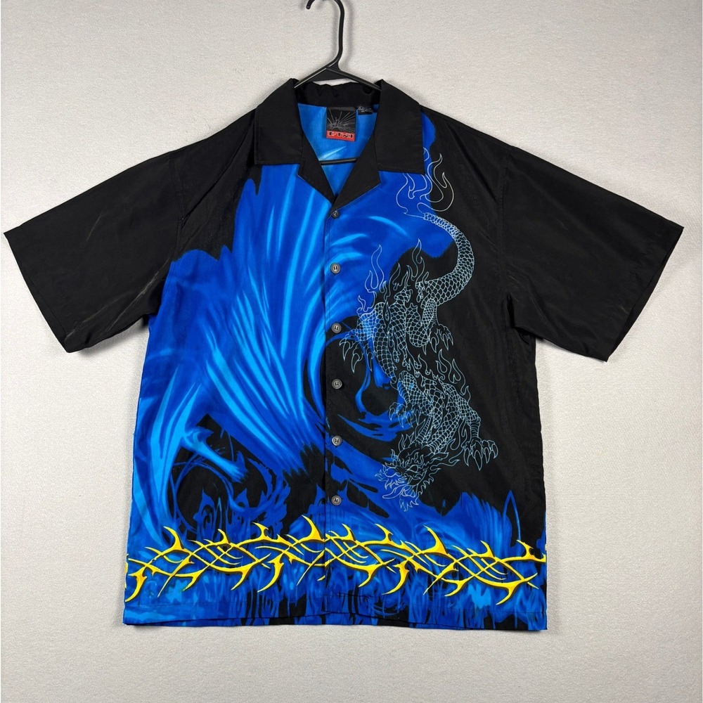 C-TWO Dragon Graphic Button Up Shirt Y2K Streetwear Size L Black Blue
